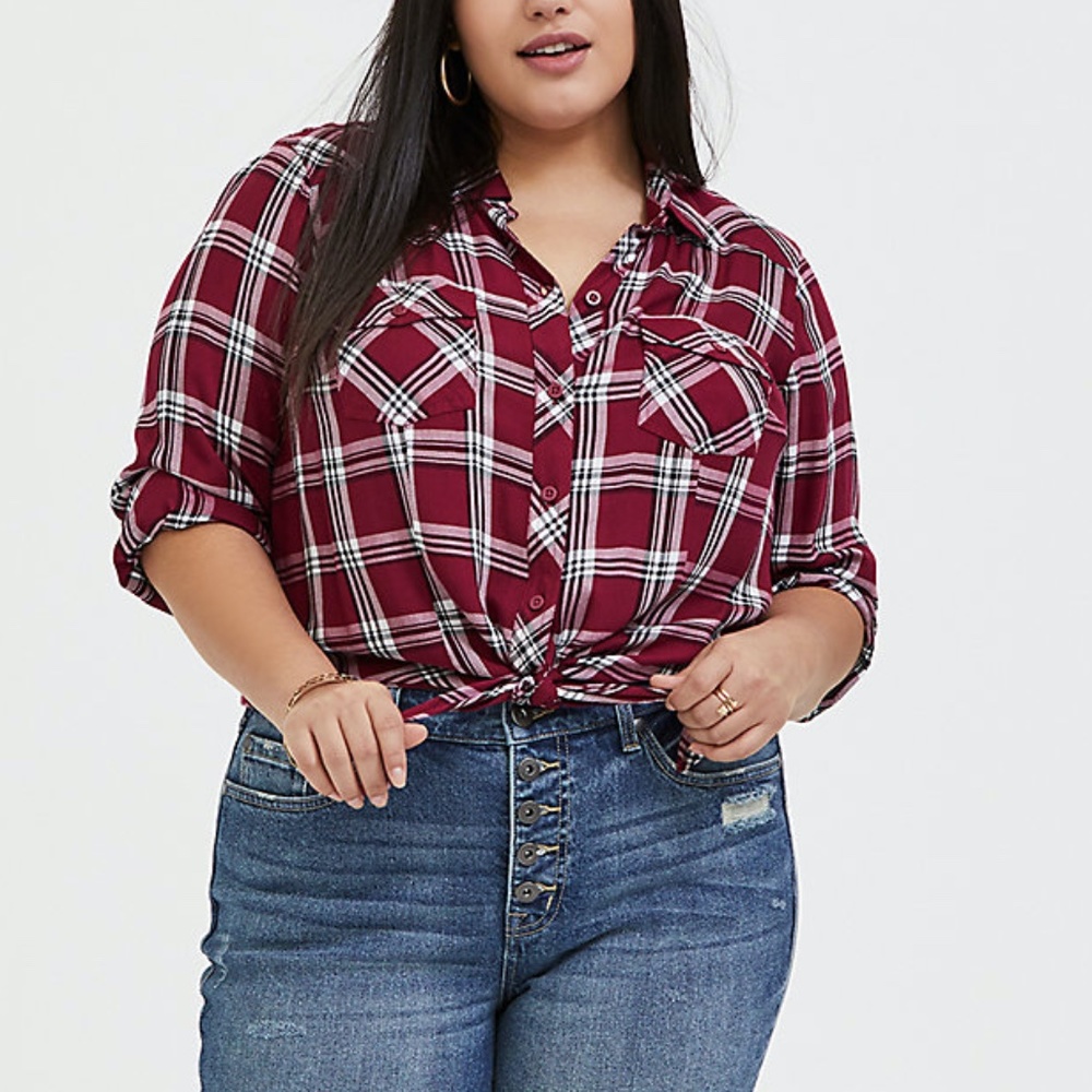 Torrid Taylor Red Plaid Button Tie Front Top Sz L